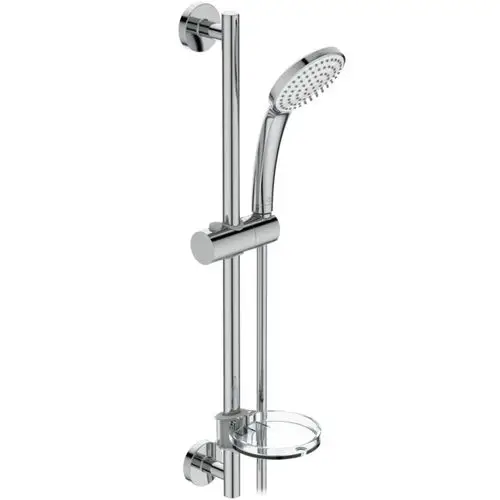 Brausekombination von Ideal Standard, bestehend aus einer Handbrause an einem höhenverstellbaren Stanger, mit einem Halter für Duschutensilien. Chromoberfläche.